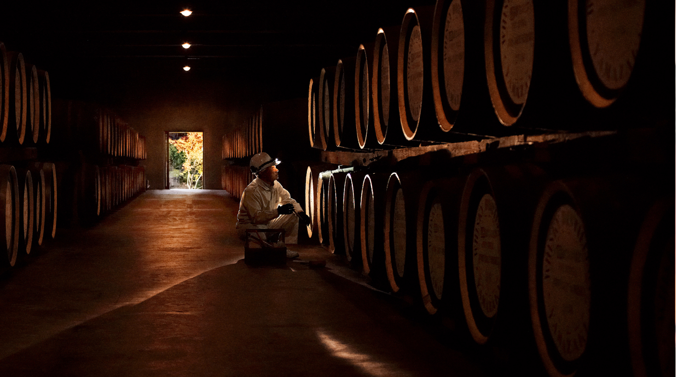 Person sitting among rows of barrels in a dim wine cellar.