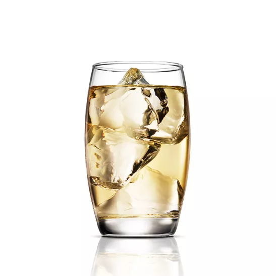 A glass of Whisky and Water with large ice cube