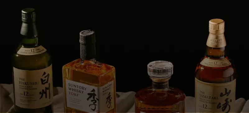 Portfolio view of all Suntory whisky products, Hibiki, Hakushu, Yamazaki and Toki