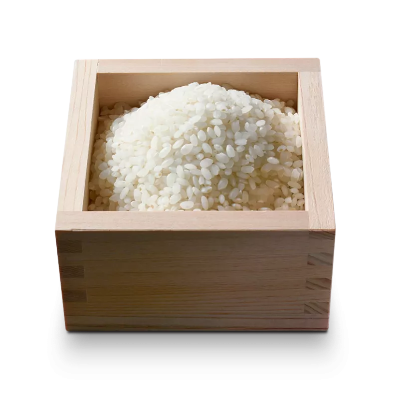 Wooden box holding a pile of uncooked short-grain rice