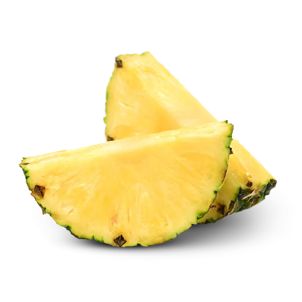 Two half moon shaped wedges of fresh yellow pineapple