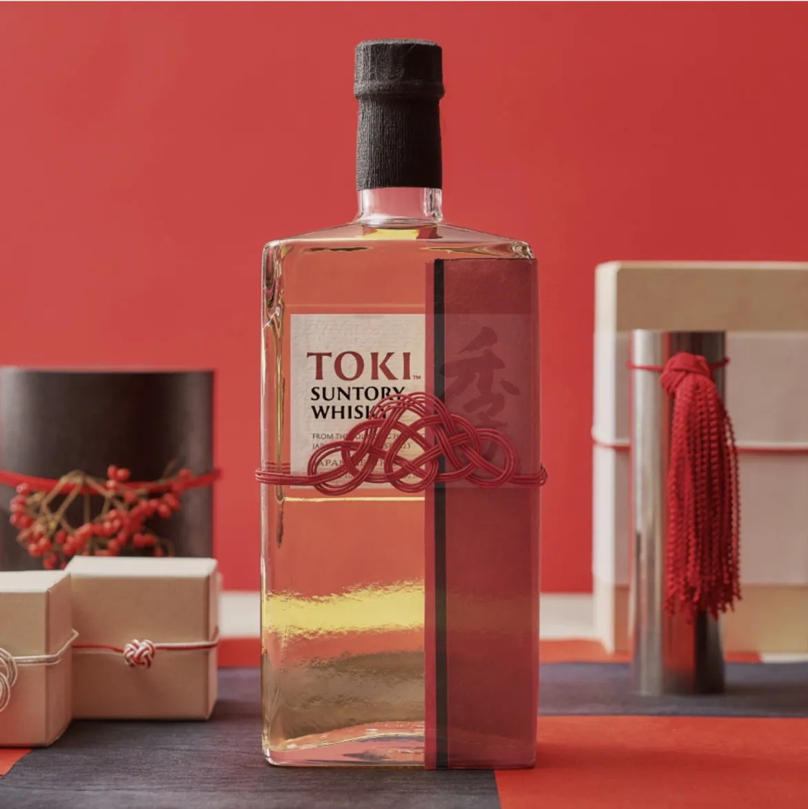 Toki Whisky bottle wrapped in traditional furoshiki cloth