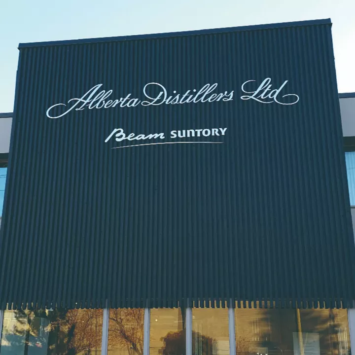 Black awning of the Alberta Distillers LTD building in Canada