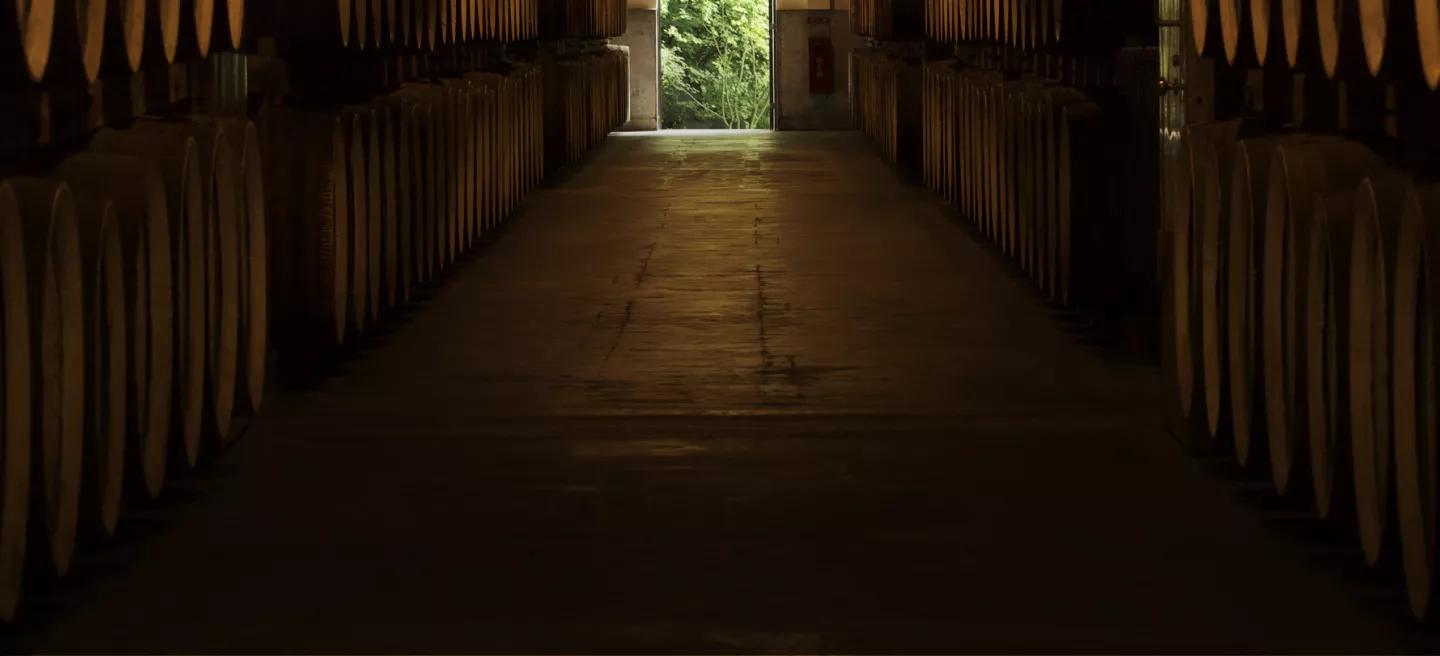 Dark hall full of oak Suntory whisky barrels at a Japanese whisky distillery
