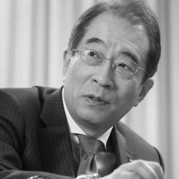 Black and white photo of older Japanese man, Shingo Torii