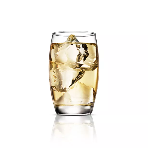 A glass of Whisky and Water with large ice cube