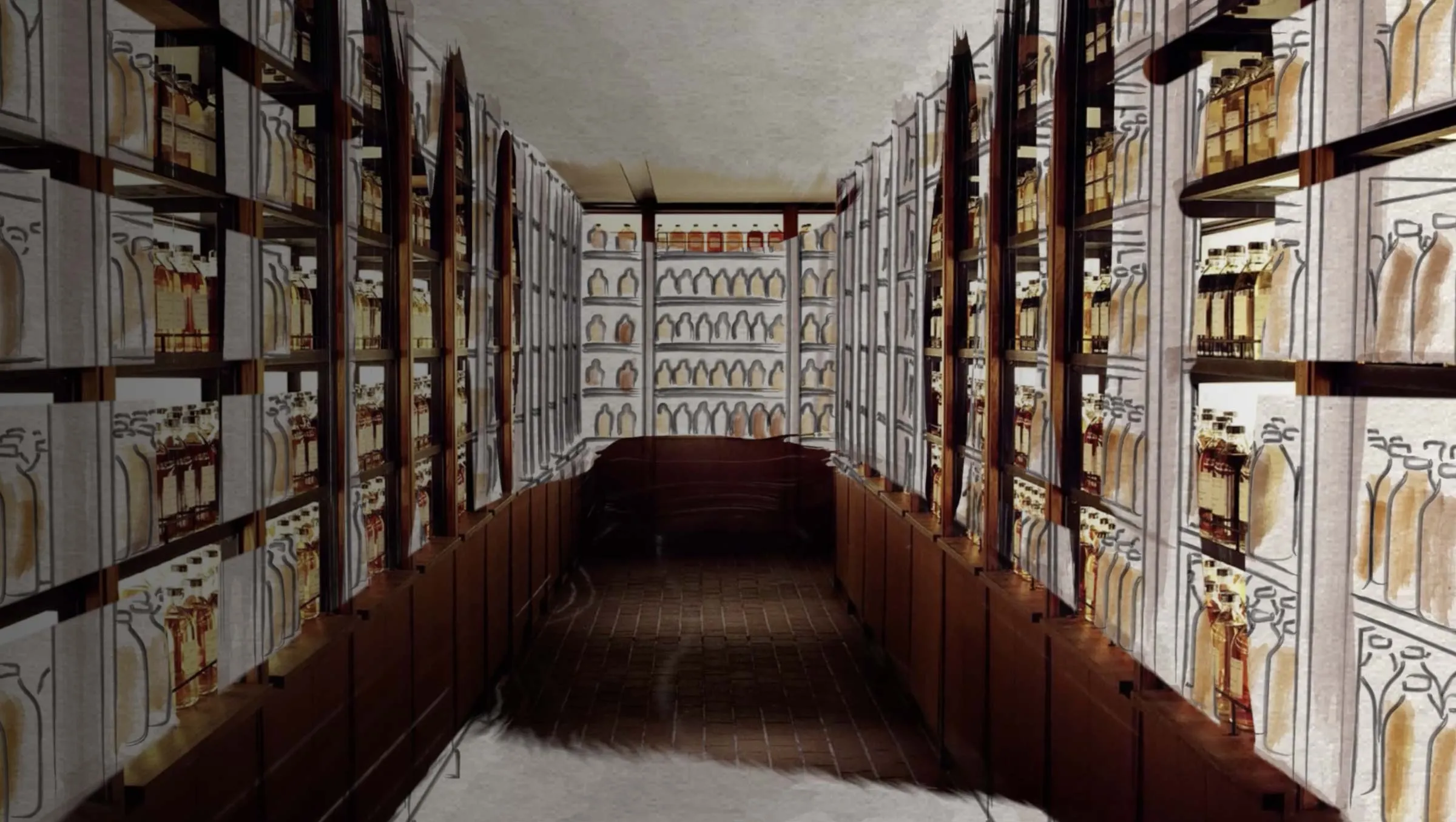 Dimly lit corridor with shelves of large glass bottles.