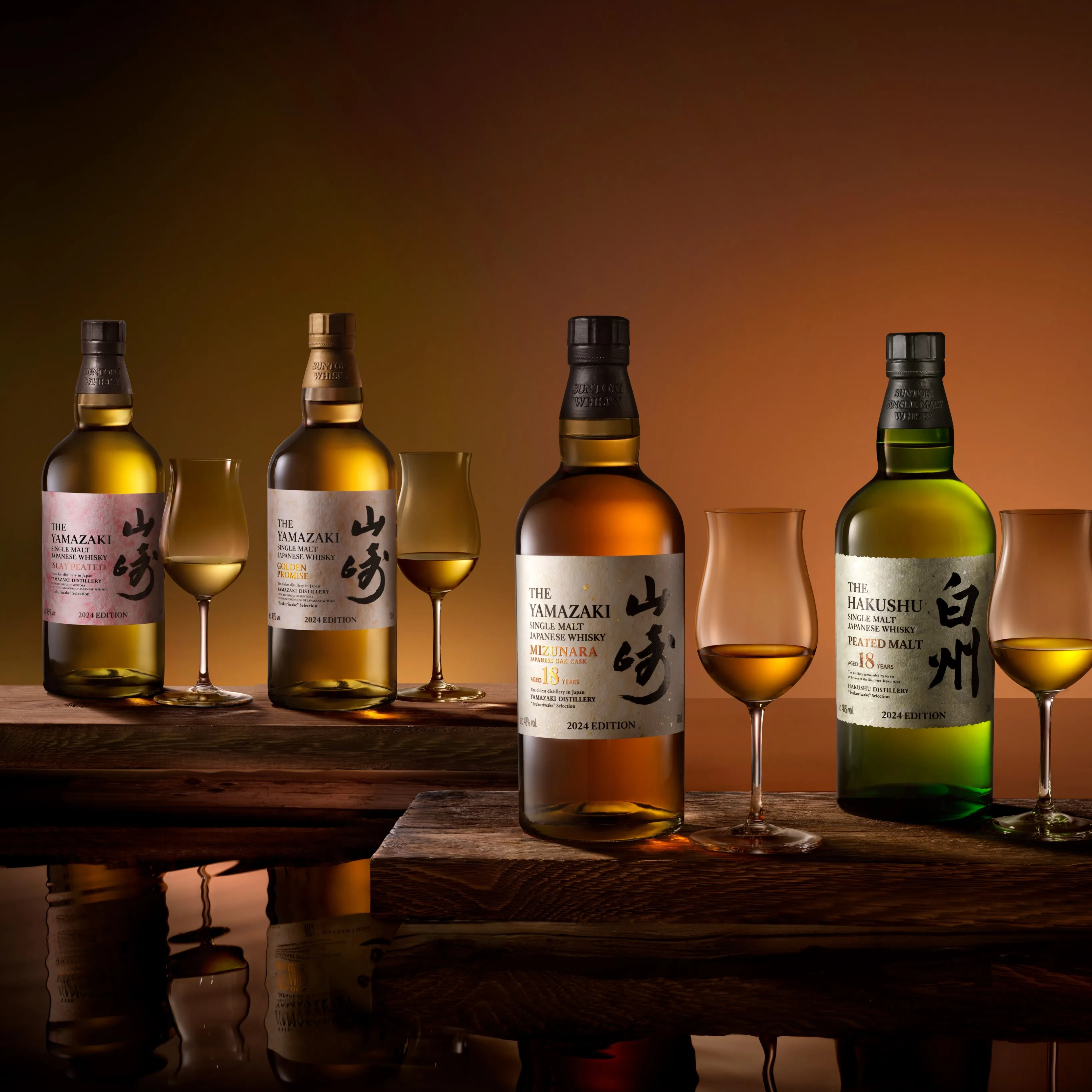 Yamazaki and Hakushu bottles with cocktails