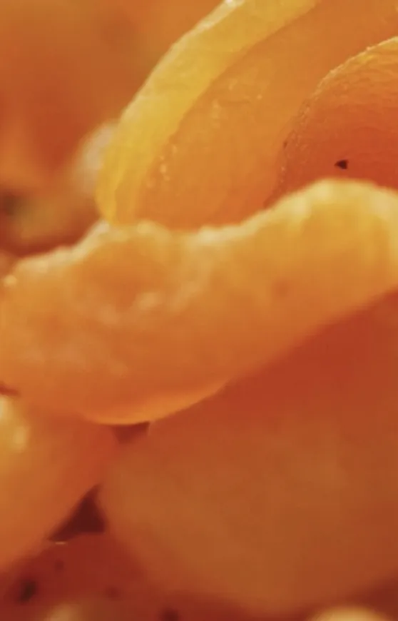 Close-up of a pile of dried apricots with a warm color tone.