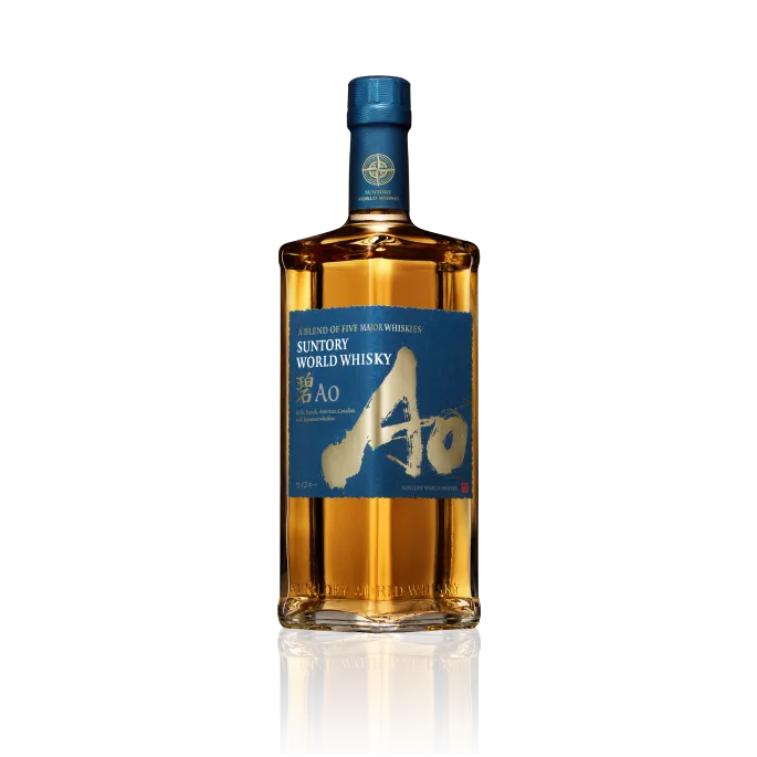 Amber bottle of Ao Whisky with royal blue label