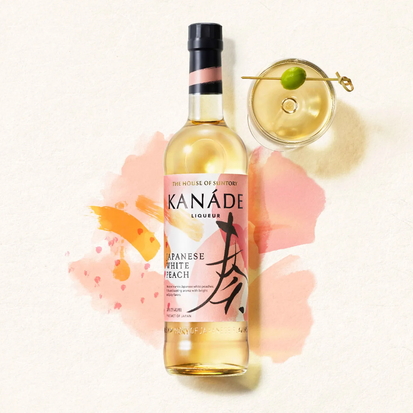 Bottle of Kanade Japanese White Peach liqueur, accompanied by a peach cocktail in a glass, with abstract colorful splashes in the background.