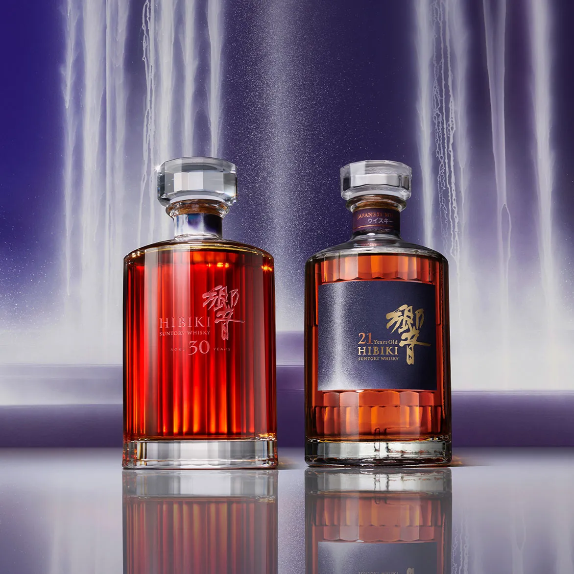 hibiki 21 and 30 year old bottle with beautiful background